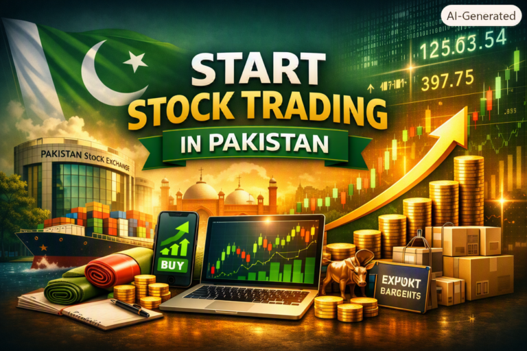 A modern office desk with a laptop displaying a stock market index graph, illustrating how to do stock trading in Pakistan.