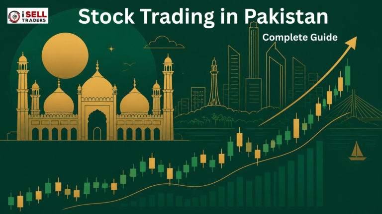 Stock trading in Pakistan illustration with PSX growth chart and Karachi skyline