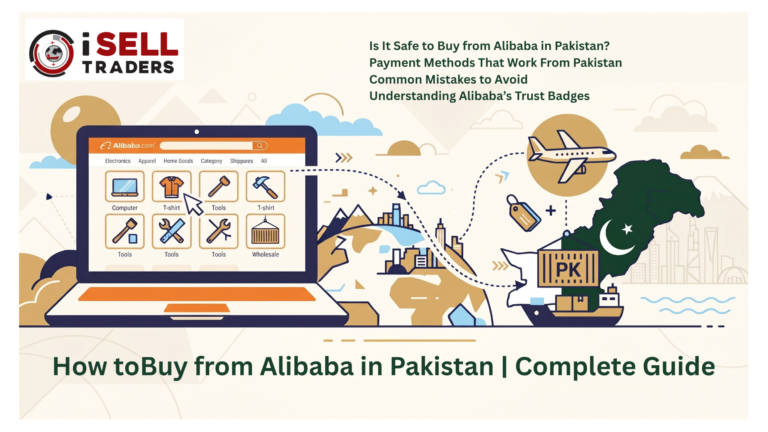 Buy from Alibaba in Pakistan illustration with laptop and shipping route to China