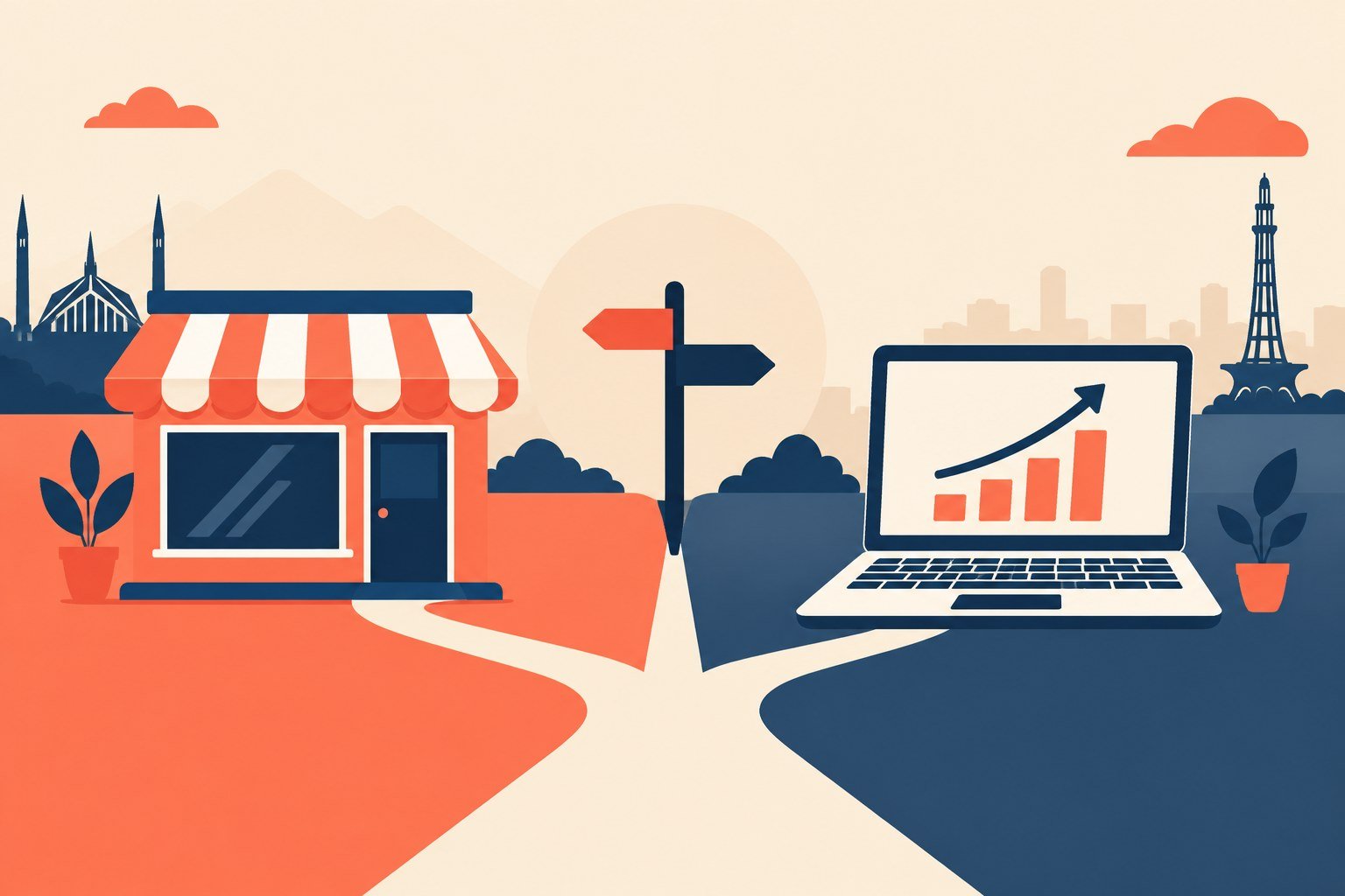 How to start a business in Pakistan illustration with storefront and laptop icons