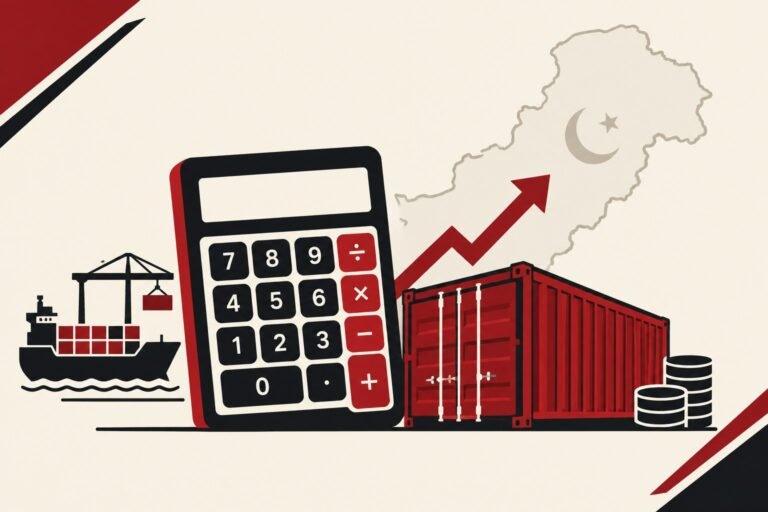 Pakistan customs duty calculator illustration with shipping container and calculator icon
