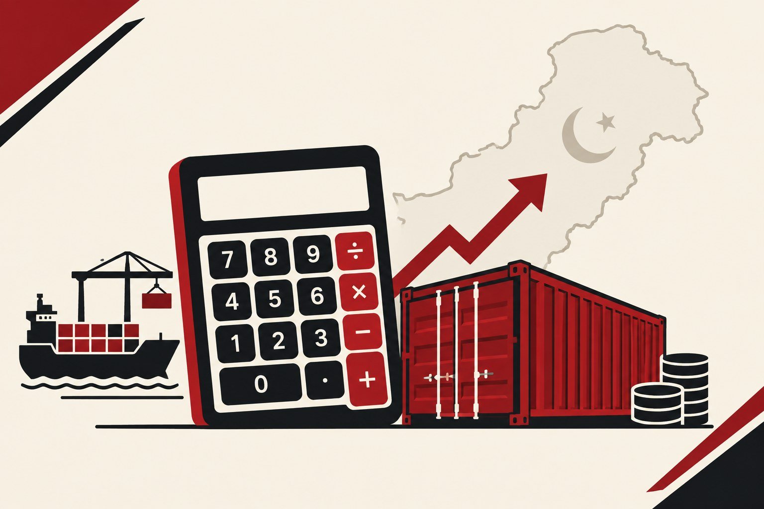 Pakistan customs duty calculator illustration with shipping container and calculator icon