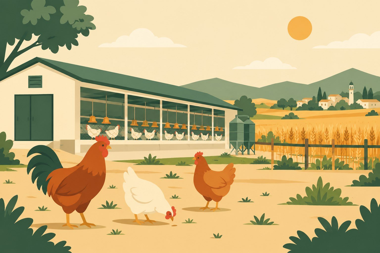 Poultry farming business Pakistan illustration with chicken shed and farm setting